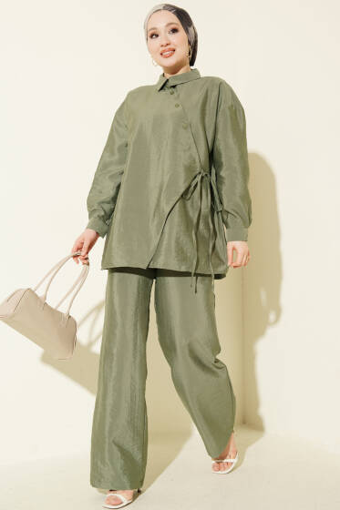 Çapraz Düğmeli Bağcıklı Paraşüt İkili Takım Haki - İkili Takım