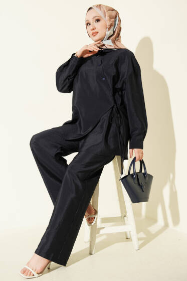 Çapraz Düğmeli Bağcıklı Paraşüt İkili Takım Lacivert - İkili Takım