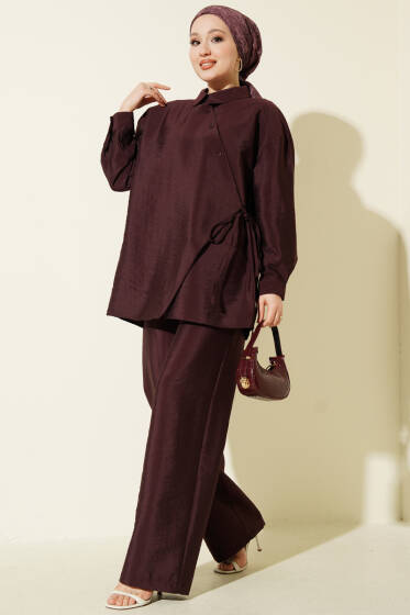 Çapraz Düğmeli Bağcıklı Paraşüt İkili Takım Mürdüm - İkili Takım