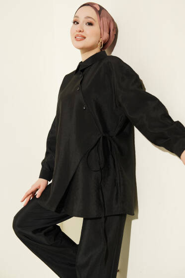 Çapraz Düğmeli Bağcıklı Paraşüt İkili Takım Siyah - İkili Takım