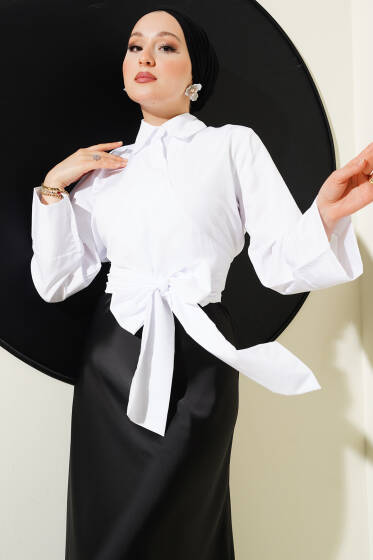 Çapraz Düğmeli Bağlamalı Kısa Gömlek Beyaz - Gömlek