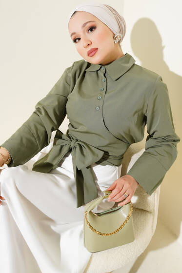 Çapraz Düğmeli Bağlamalı Kısa Gömlek Haki - Gömlek