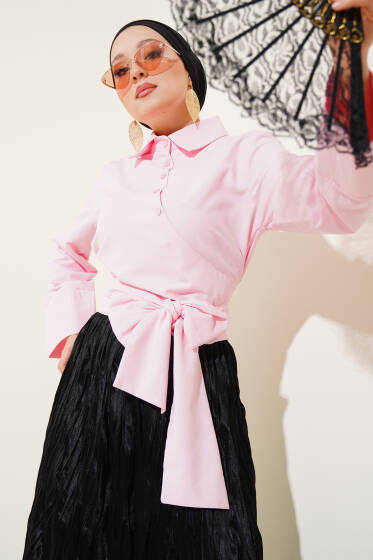 Çapraz Düğmeli Bağlamalı Kısa Gömlek Pembe - Gömlek