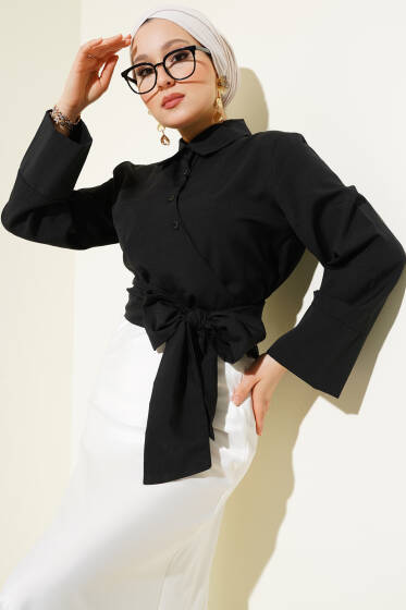 Çapraz Düğmeli Bağlamalı Kısa Gömlek Siyah - Gömlek