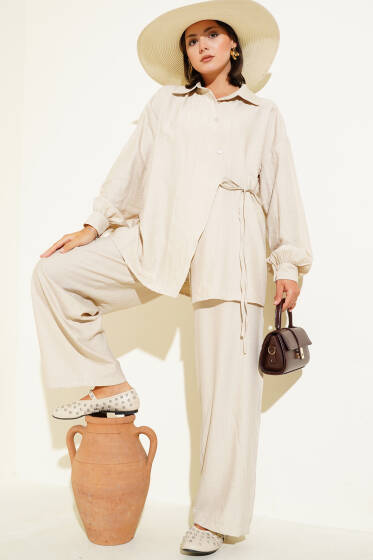 Çapraz Düğmeli Bağlamalı Tunik İkili Takım Bej - İkili Takım