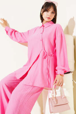 Çapraz Düğmeli Bağlamalı Tunik İkili Takım Pembe - 700-1000 TL Ürünler