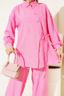 Çapraz Düğmeli Bağlamalı Tunik İkili Takım Pembe - 700-1000 TL Ürünler