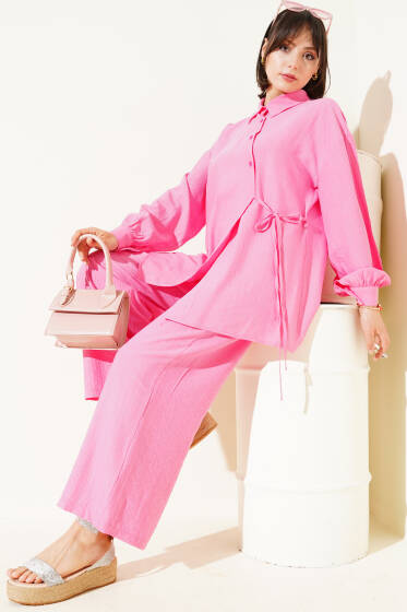 Çapraz Düğmeli Bağlamalı Tunik İkili Takım Pembe - İkili Takım