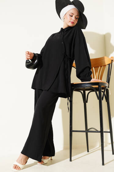 Çapraz Düğmeli Bağlamalı Tunik İkili Takım Siyah - İkili Takım