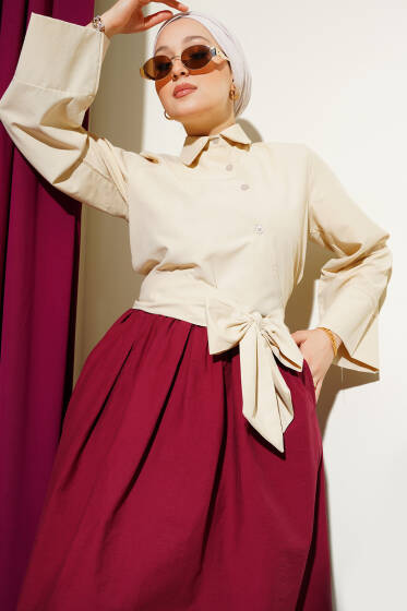Çapraz Düğmeli Bel Bağlamalı Kısa Gömlek Bej - Gömlek