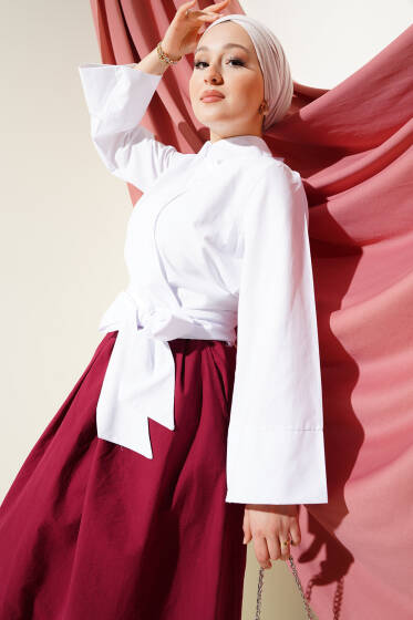 Çapraz Düğmeli Bel Bağlamalı Kısa Gömlek Beyaz - Gömlek