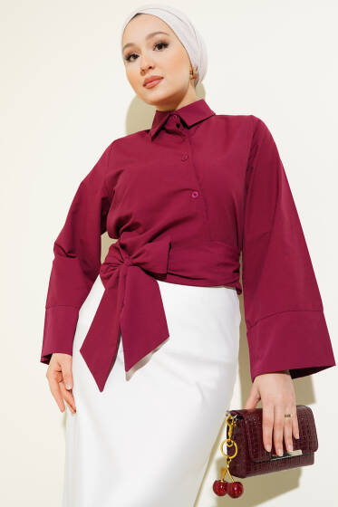 Çapraz Düğmeli Bel Bağlamalı Kısa Gömlek Bordo - Gömlek