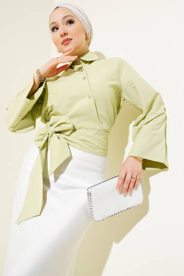 Çapraz Düğmeli Bel Bağlamalı Kısa Gömlek Fıstık Yeşili - Gömlek
