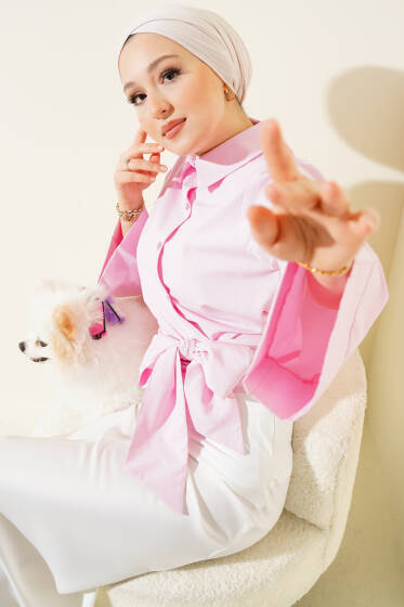 Çapraz Düğmeli Bel Bağlamalı Kısa Gömlek Pembe - Gömlek