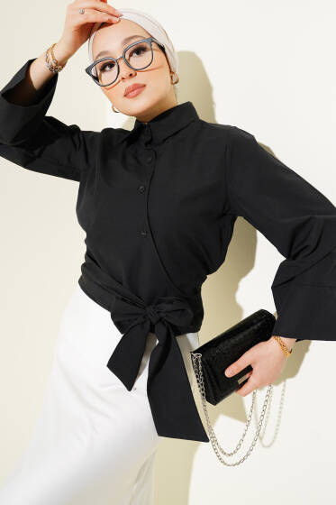 Çapraz Düğmeli Bel Bağlamalı Kısa Gömlek Siyah - Gömlek