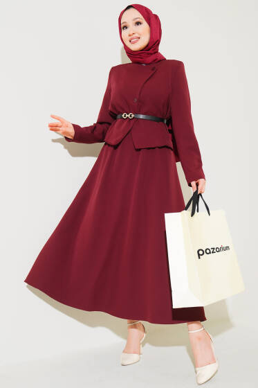 Çapraz Düğmeli Etekli İkili Takım Bordo - İkili Takım