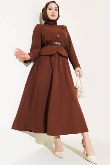 Çapraz Düğmeli Etekli İkili Takım Kahve - İkili Takım