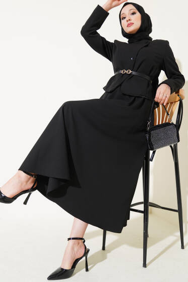 Çapraz Düğmeli Etekli İkili Takım Siyah - İkili Takım