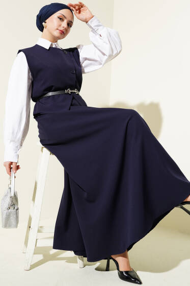 Çapraz Düğmeli Kemerli Etekli Dabıl İkili Takım Lacivert - İkili Takım