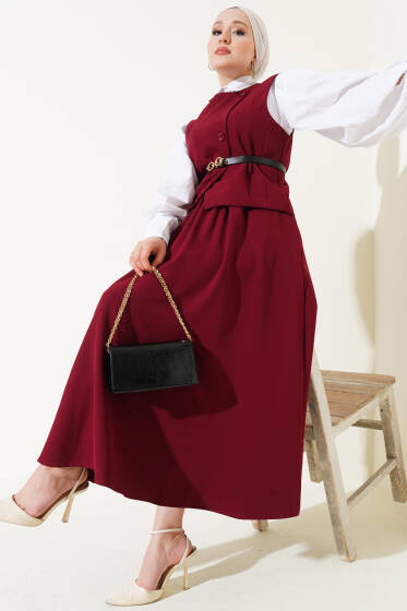 Çapraz Düğmeli Kemerli Etekli İkili Takım Bordo - İkili Takım