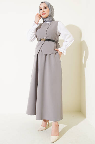 Çapraz Düğmeli Kemerli Etekli İkili Takım Gri - İkili Takım