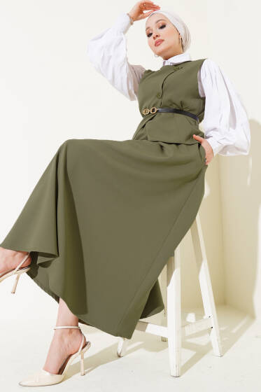 Çapraz Düğmeli Kemerli Etekli İkili Takım Haki - İkili Takım