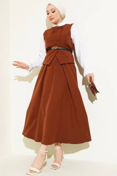Çapraz Düğmeli Kemerli Etekli İkili Takım Kahve - İkili Takım