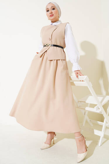 Çapraz Düğmeli Kemerli Etekli İkili Takım Latte - İkili Takım