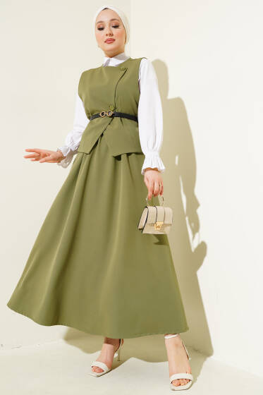 Çapraz Düğmeli Kemerli Etekli İkili Takım Nefti - İkili Takım