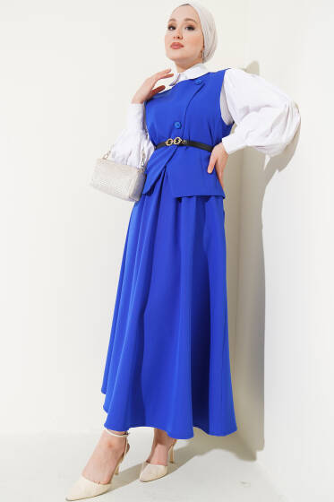 Çapraz Düğmeli Kemerli Etekli İkili Takım Saks - İkili Takım