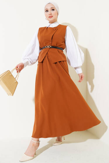 Çapraz Düğmeli Kemerli Etekli İkili Takım Taba - İkili Takım