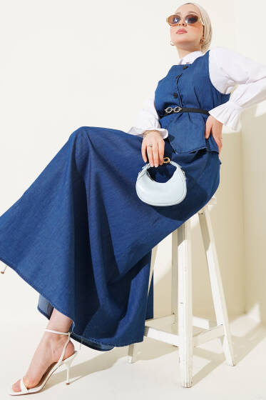 Çapraz Düğmeli Kemerli Etekli Kot Takım Koyu Mavi - İkili Takım