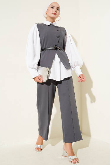 Çapraz Düğmeli Kemerli Yelekli İkili Takım Antrasit - İkili Takım
