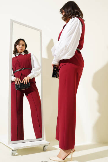 Çapraz Düğmeli Kemerli Yelekli İkili Takım Bordo - İkili Takım