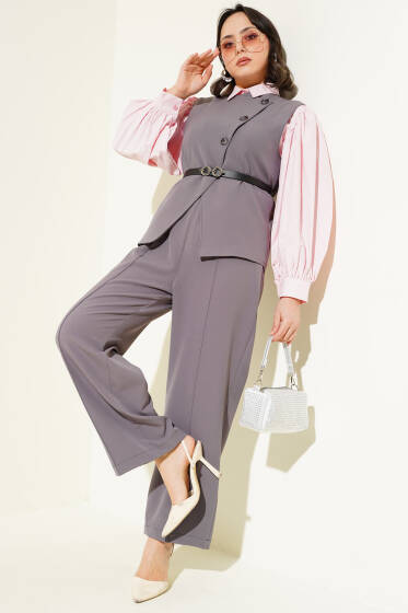 Çapraz Düğmeli Kemerli Yelekli İkili Takım Füme - İkili Takım