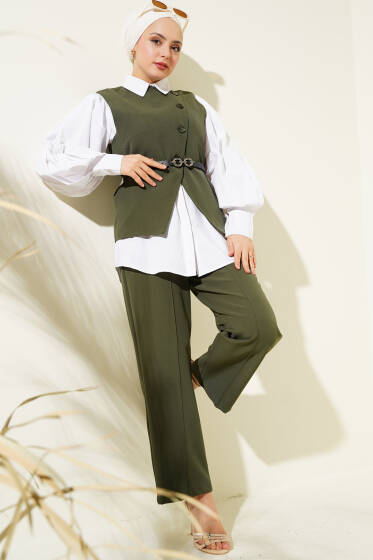 Çapraz Düğmeli Kemerli Yelekli İkili Takım Haki - İkili Takım