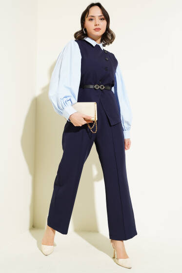 Çapraz Düğmeli Kemerli Yelekli İkili Takım Lacivert - İkili Takım