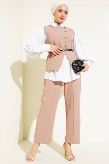 Çapraz Düğmeli Kemerli Yelekli İkili Takım Latte - İkili Takım