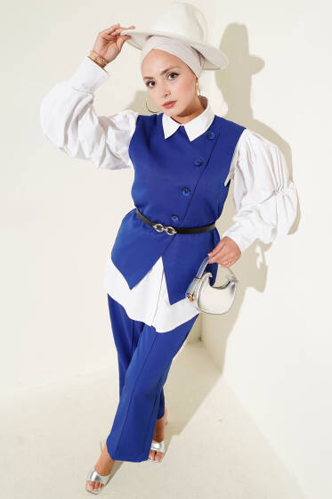 Çapraz Düğmeli Kemerli Yelekli İkili Takım Saks - İkili Takım