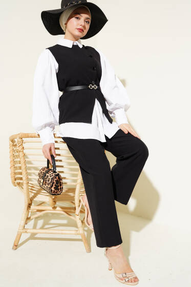 Çapraz Düğmeli Kemerli Yelekli İkili Takım Siyah - İkili Takım