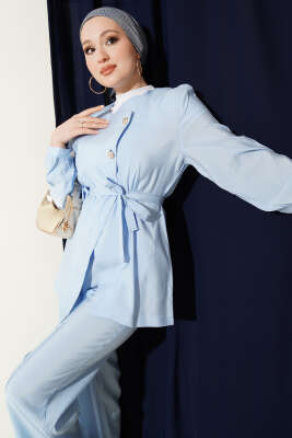 Çapraz Düğmeli Kuşaklı Modal İkili Takım Bebe Mavi - İkili Takım