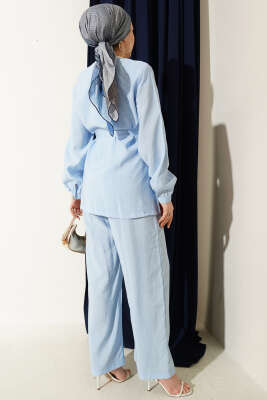 Çapraz Düğmeli Kuşaklı Modal İkili Takım Bebe Mavi - İkili Takım