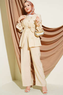 Çapraz Düğmeli Kuşaklı Modal İkili Takım Bej 