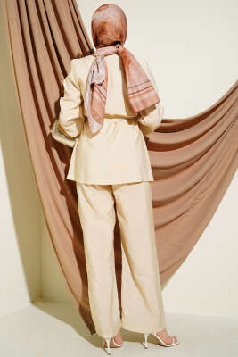 Çapraz Düğmeli Kuşaklı Modal İkili Takım Bej - İkili Takım