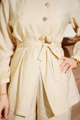 Çapraz Düğmeli Kuşaklı Modal İkili Takım Bej - İkili Takım