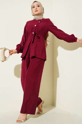 Çapraz Düğmeli Kuşaklı Modal İkili Takım Bordo 