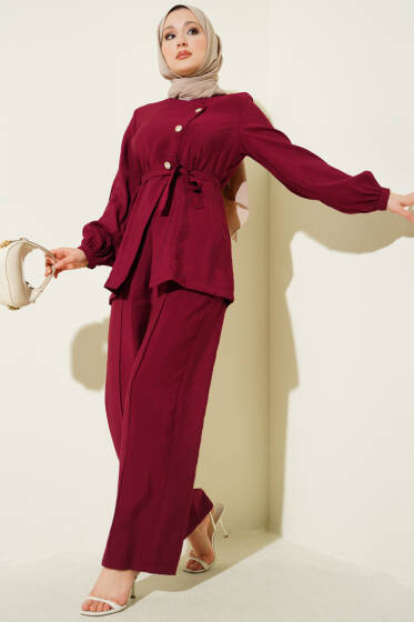 Çapraz Düğmeli Kuşaklı Modal İkili Takım Bordo - İkili Takım