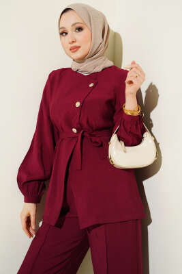 Çapraz Düğmeli Kuşaklı Modal İkili Takım Bordo - İkili Takım