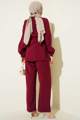 Çapraz Düğmeli Kuşaklı Modal İkili Takım Bordo - İkili Takım