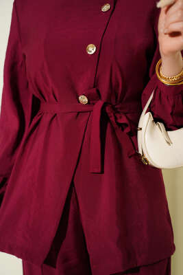 Çapraz Düğmeli Kuşaklı Modal İkili Takım Bordo - İkili Takım